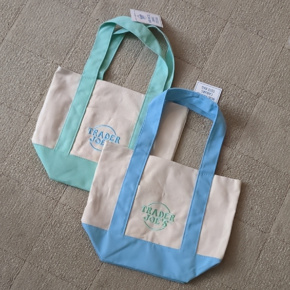Trader Joe's Mini Pastel Canvas Tote Bags In Blue And Green